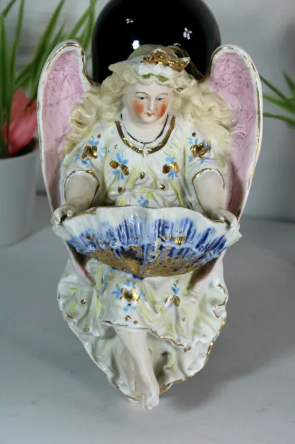 Antique French bisque porcelain angel figurine holy water font