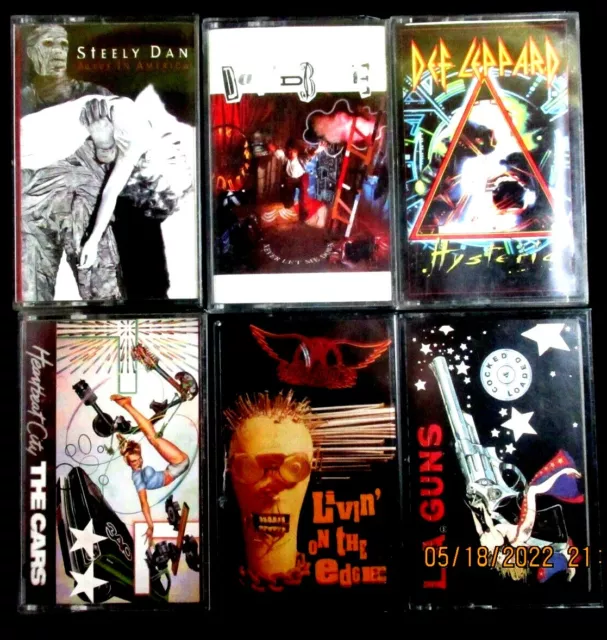 6 Classic Rock Cassette STEELY DAN,CARS,DEF LEPPARD,AEROSMITH,LA GUNS,D BOWIE -