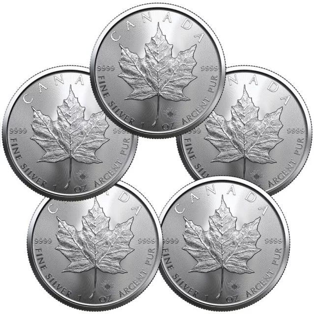 Lot of 5 2023 Canada 1 oz Silver Maple Leaf $5 Coins GEM BU