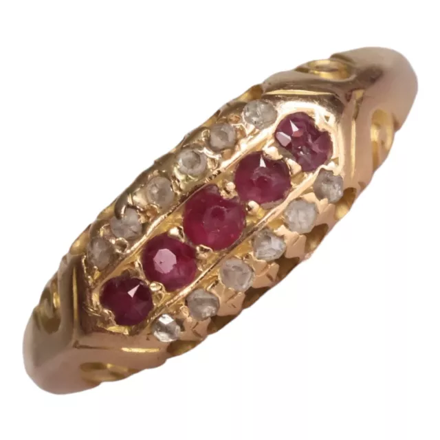 Edwardian Ruby and Diamond Ring Size P 18ct Yellow Gold Three Row Band Rose Cut