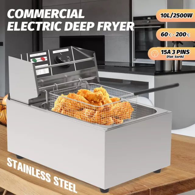 2500W 10L Electric Fryer Deep Fat Fryer Single Tank Stainless Steel Chip Basket