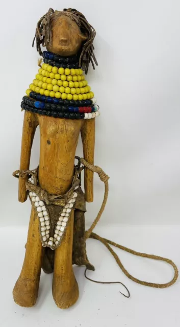 Turkana Kenya African Fertility Doll Beaded Hand Carved Wood Leather Shells 12”