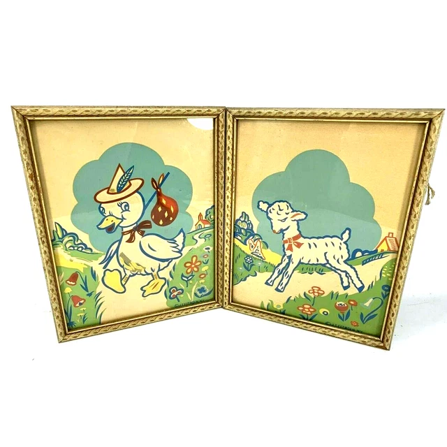 J.T. Citroen Vintage Nursery Duck and Lamb Framed Prints Lot of 2