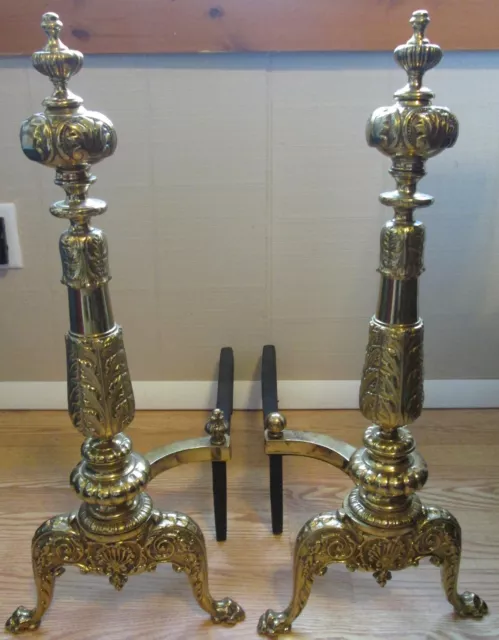 Vintage Set of Ornate Brass & Cast Iron Fireplace Andirons Fire Dogs Log Holders