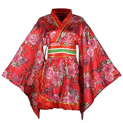 Women's Short Kimono Dress Floral Print Japanese Traditional Large S14-red