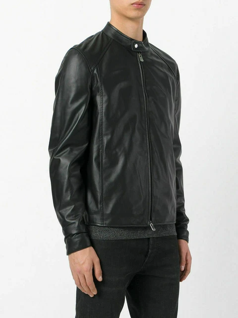Uomo Giacca IN Pelle Nera Originale D'Agnello Biker Slim Fit Tutte le Taglie