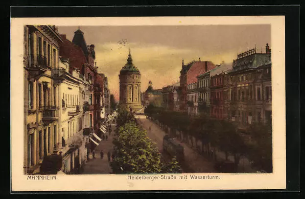 Ansichtskarte Mannheim, Heidelberger-Straße mit Strassenbahn und Wasserturm 192