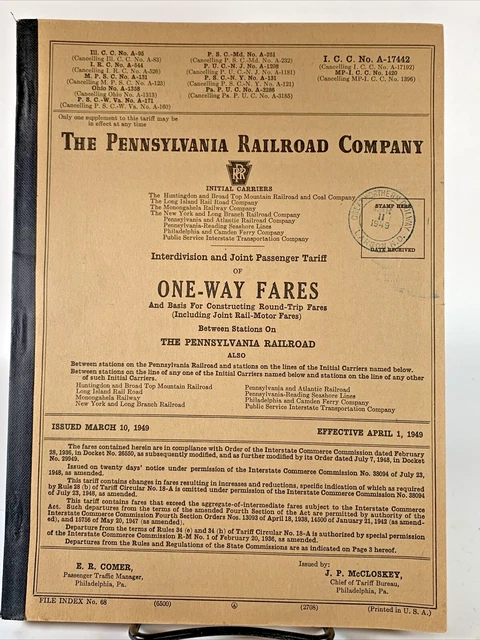 Vintage 1949 Pennsylvania Railroad One-Way Fares Book