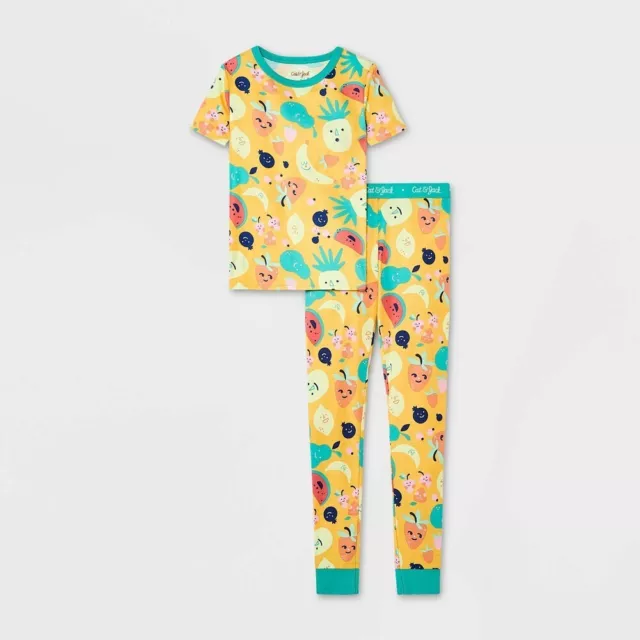 Cat & Jack Girls Yellow Fruit Print 100% Cotton Snug Fit 2pc Pajama Set Size 4