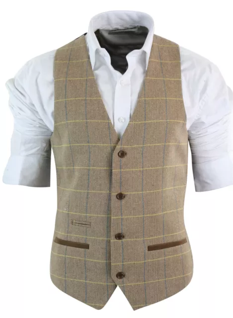 Herren Vintage Tweed Weste Herringbone hellbraun grau schmale Passform Samtborte