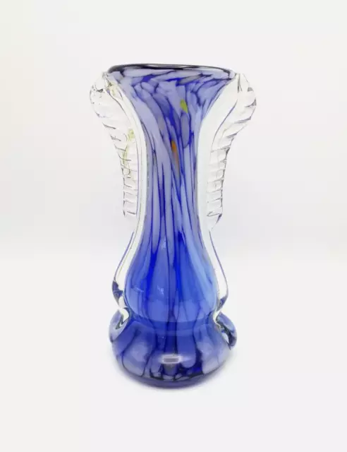 Stretched art glass base blue with applied clear frill handles