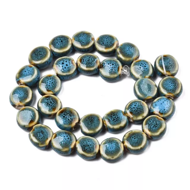 Strang handmade 30 cm Keramik Porzellan Perlen Blau Gelb Oval lasiert 12 X 7 mm