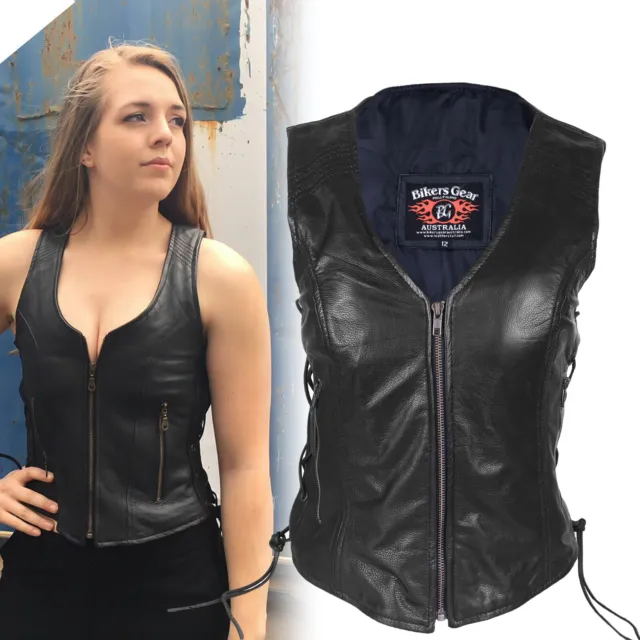 Ladies Motorcycle Harley Style A Grade Leather Biker Vest zip & Lace up sides