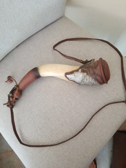 Resin Gun Powder Horn Replica Bear  w/Leather Strap
