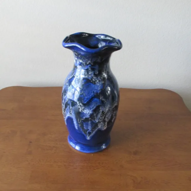 Studio Art Pottery Vase Urn Drip Glaze Blue 12" Fluted Rim Stoneware Signed