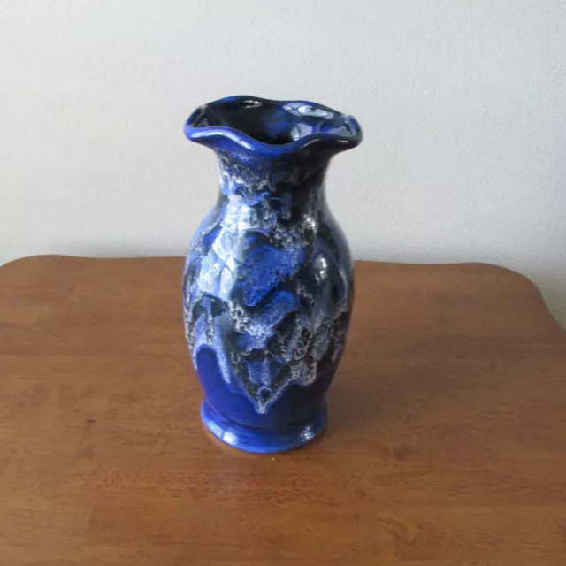 Studio Art Pottery Vase Urn Drip Glaze Blue 12" Fluted Rim Stoneware Signed