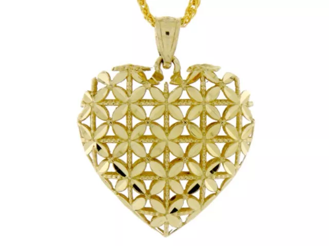 10k or 14k Solid Gold Diamond Cut Puffed Heart Charm Pendant