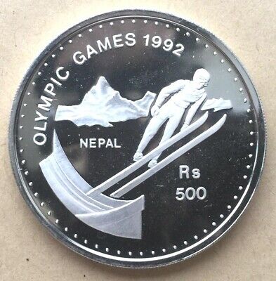 Nepal 1992 Ski Jumping 500 Rupees Silver Coin,Proof