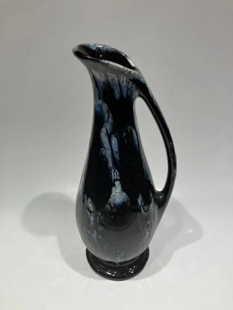 Vintage Art Pottery Ewer Bud Vase Blue Drip Glaze Iridescent 10" Mid Century
