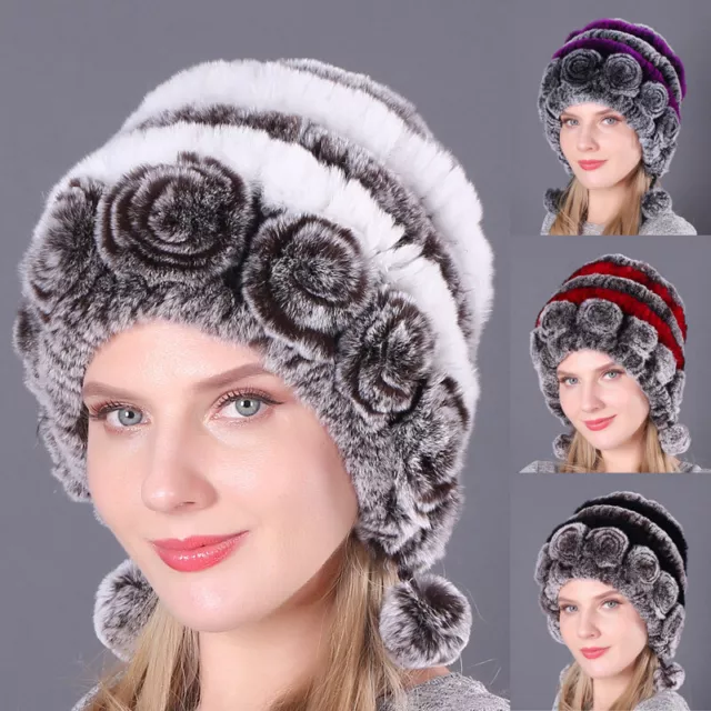 Women Winter Rex Rabbit Fur Hat Ladies Knitted Mink Fur Caps Beanie Super Warm
