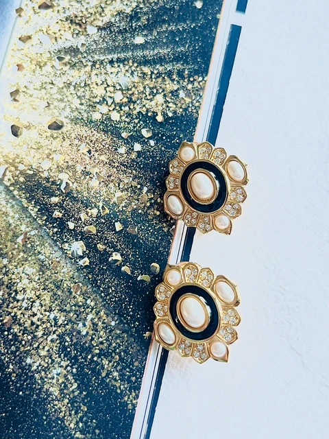 Christian Dior Vintage 1980s Oval Pearl Crystal Black Enamel Clip, Earrings Gold