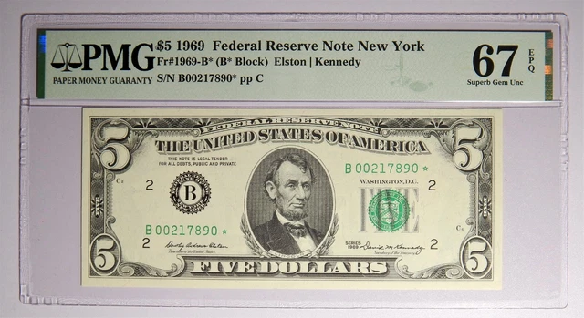 Fr. 1969-B* 1969 $5 New York Star Note PMG Superb Gem 67 EPQ Top Pop