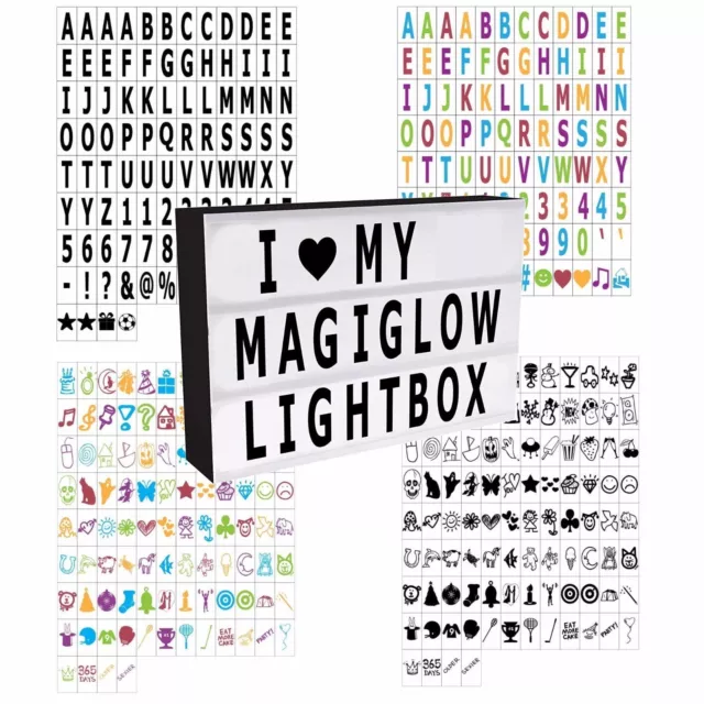 MagiGlow 100 Extra Letras Números Símbolos Packs para Cinemático Cine Luz Caja