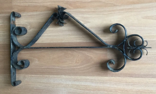 Old Vtg Antique Wrought Iron Hand Made Original Plant Hanger Sign Bracket Metal