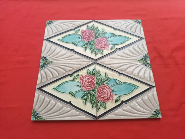 4 Piece Old Art Deco Flower Design Embossed Majolica Ceramic Tiles Japan 0117 2