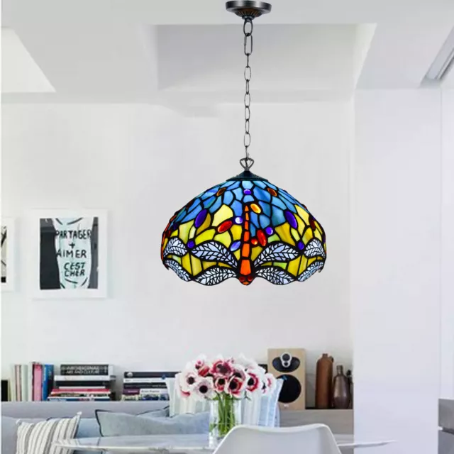 Lampada a sospensione Dragonfly Tiffany stile antico 10" paralume vetro colorato lampadina E27