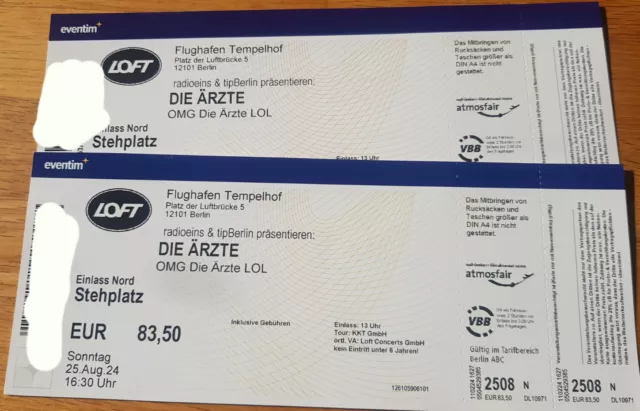 2 Tickets - Die Ärzte - 25.08.24 - Berlin Flughafen Tempelhof OMG Die Ärzte LOL