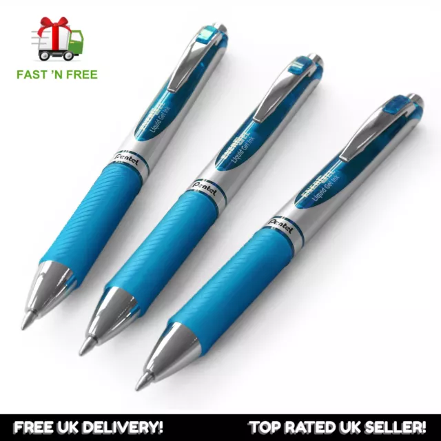 3 x Pentel BL77 EnerGel Retractable Gel Rollerball Pens - 0.7mm Tip - Sky Blue