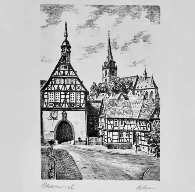 Oberursel, Germany Original Black & White Etching In Clip Frame Signed Klein