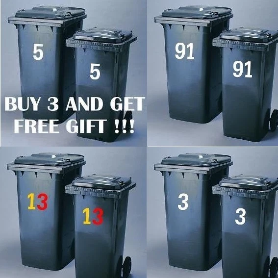 99p Wheelie Bin Number BUY 3 STICKERS & GET FREE GIFT Vinyl IN 19 COLOURS!!!