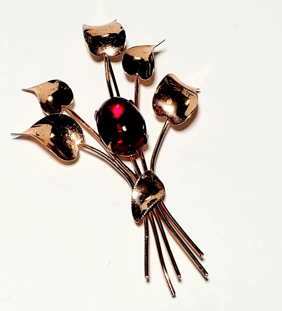 Jordan Vermeil Brooch Rose Gold Sterling Silver 925 Flower Bouquet w Garnet CTR