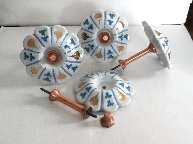 Curtain Tie Backs Set FOUR Blue Flowers Victorian Porcelain Hardware