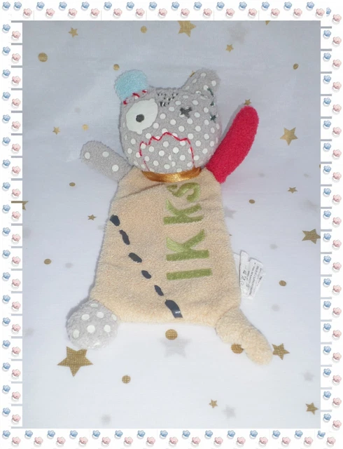 ③ - Doudou Peluche Chat Monstre Gris Beige Rouge Blanc  IKKS