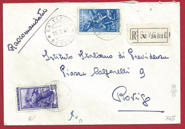 1955 Interpol n° 745 + Œuvre 20 Lire sur lettre recommandée pour Rovigo