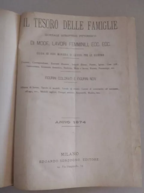1874 Il Tesoro Delle Famiglie Giornale Di Mode, Lavori Femminili  Sonzogno