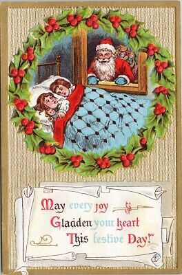 Santa Christmas Children Sleeping Xmas Wreath Embossed Postcard F95