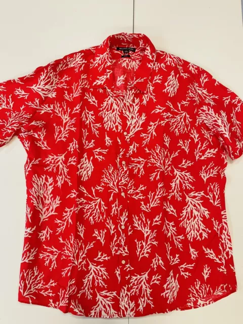 Michael Kors Mens Slim Fit Shirt Short Sleeve Red Linen Coral Print XXL