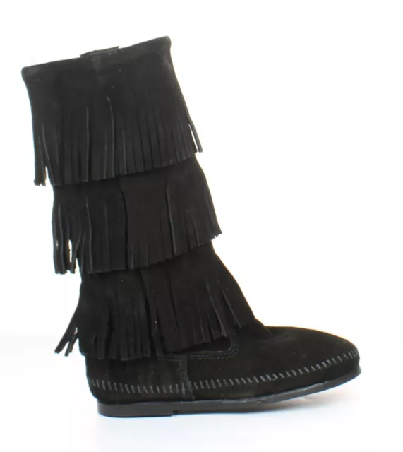 Minnetonka Womens 3 Layer Fringe Black Moccasin Boots Size 6