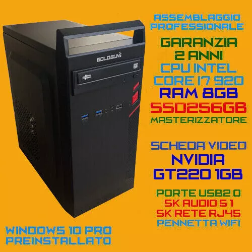 COMPUTER ASSEMBLATO PC FISSO INTEL i7-920 RAM 8GB SSD256GB DVDRW GT220 1GB