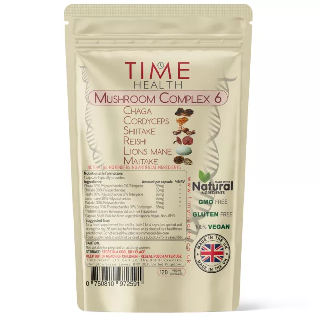 Time Health Mushroom Complex 6 - 120 Capsules - UK Made - 30% Poly