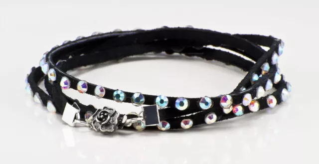 Black Swarovski Crystal and Leather 5 Wrap Bracelet With Opalescent Crystals