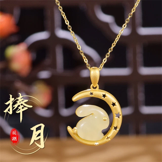 925 Silver Natural HeTian Jade Cute Moon Rabbit Star Lucky Pendant Necklace Gift