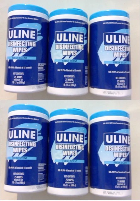 Uline disinfecting wipes fresh scent kills 99.9% of bacteria pack of 6