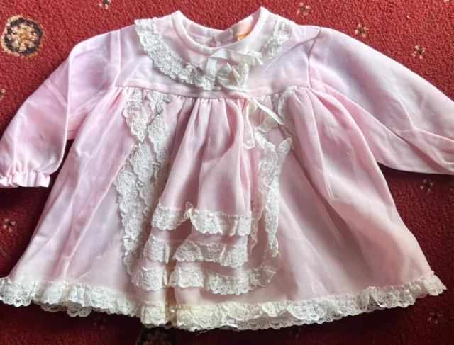 Adorable Vintage Girls Pink & White Lace & Frill Dress Age 0-6 Months