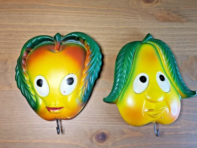 VTG 1970s Miller Studios Anthropomorphic Chalk Ware Apple & Pear Faces w/Hooks