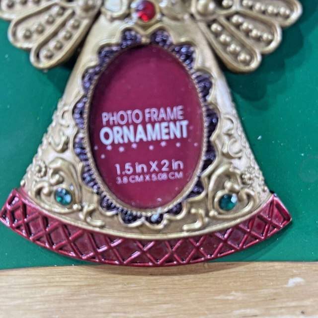 VTG NEW OLD STOCK  Christmas Photo Frame Ornament Gold Red Trim Gems Holly 4” 2